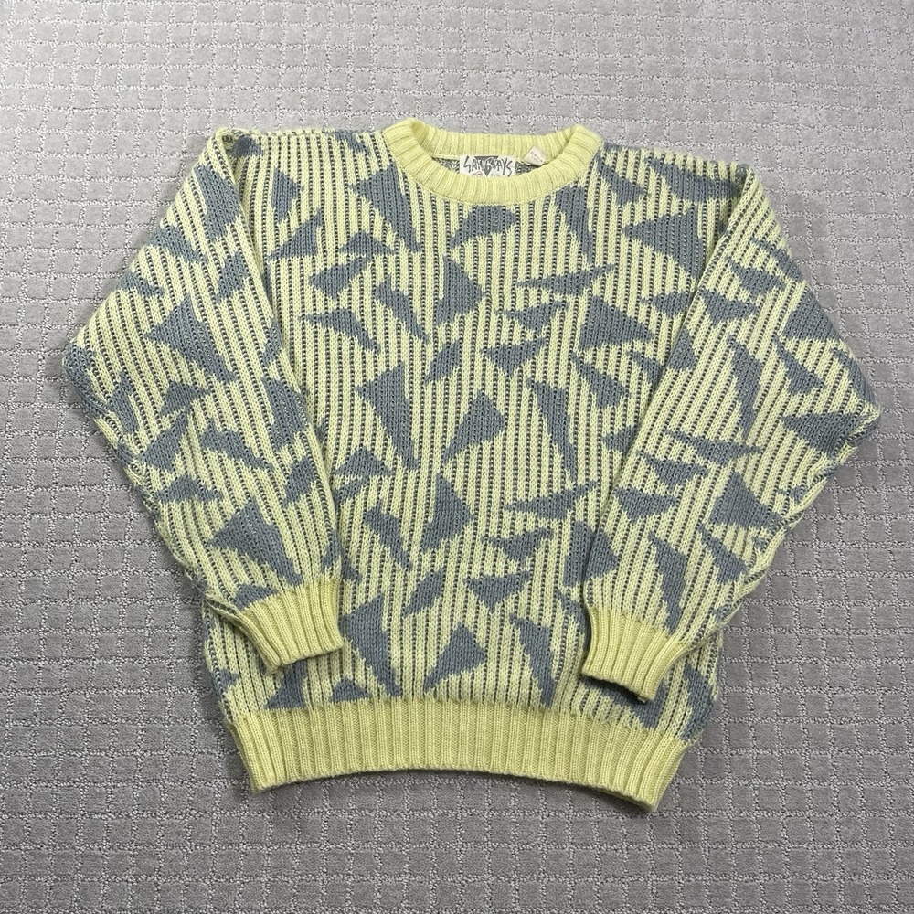 VTG 80s/90s Saturdays‎ Geometric Yellow & Gray Sz Medium Knit Abstract Sweater